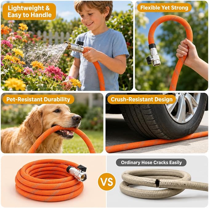 Garden Hose 25ft - Non-Expanding, Burst-Proof Flexible Water Hose with Thickened TPE Core & Round Braided Polyester, Kink-Free & Lightweight for Yard and Camper