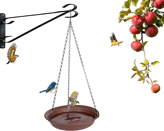 VUWEZ Hanging Bird Bath, Hanging Bird Water Feeder for Outdoors, Feeder Bowl, 1 Pack Birdbath Tray Accessories for Outside, Plastic Birdbaths Tray for Garden Patio Decoration (8", Chocolate)