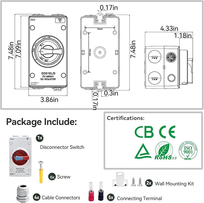 Solar Disconnect Switch 4-Pole DC1500 32A Isolator Solar Switch with Enclosure for Rooftop Solar Systems, RVs and Boat Waterproof IP66 Red
