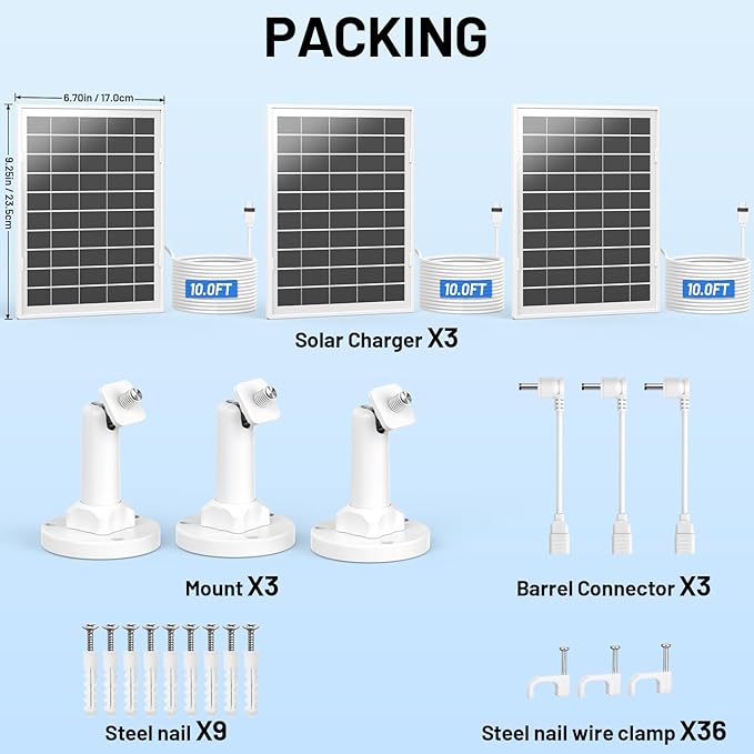 7W Solar Panel for Ring,Solar Charger Works for Ring, Stick Up Cam,Stick Up Cam Pro Battery,Spotlight Cam Plus/Pro Battery,10FT Waterproof Type C Cable and USB-C to Barrel Plug Adapter-3Pack