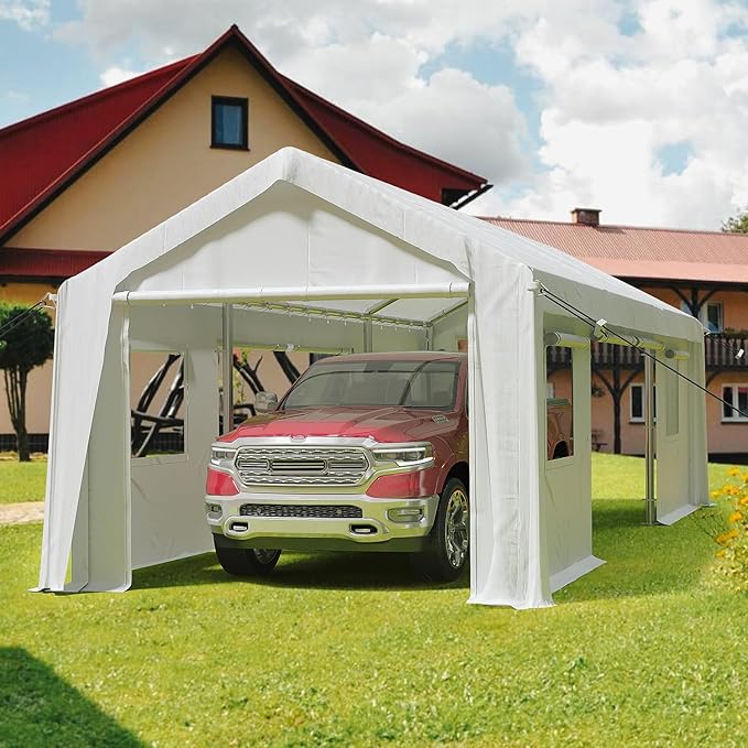 12x20 ft Heavy Duty Carport, Portable Garage Canopy with Reinforced Steel Frame, Roll-Up Mesh Windows & Doors, All-Season Car Shelter for Truck, Boat, RV, Outdoor Storage