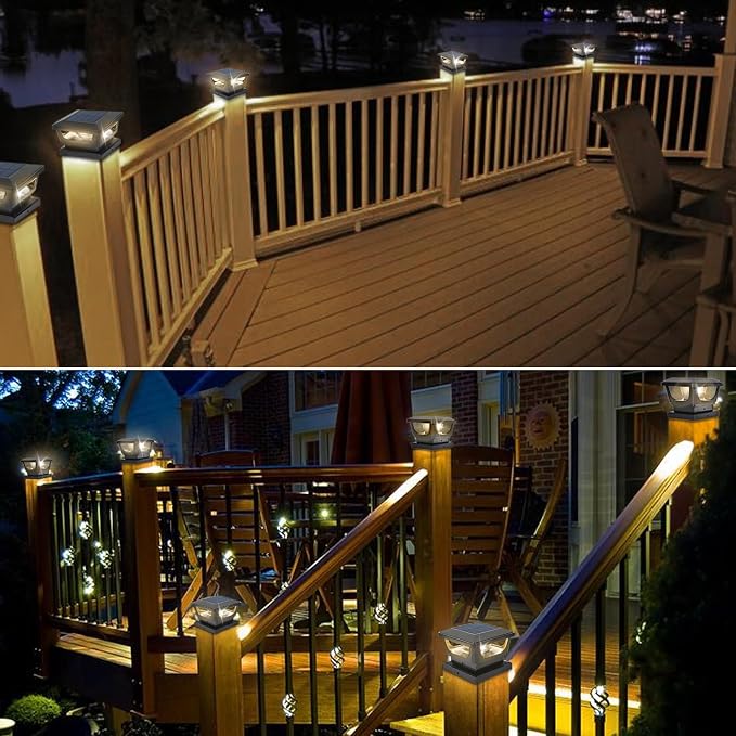 Sumaote Solar Post Cap Lights, 120 Lumen 3000K Warm White LED for 3x3 Metal/Vinyl & 4x4 Wood Posts, IP65 Waterproof Outdoor Garden Fence Deck Lighting, Dusk-to-Dawn Auto On/Off (6 Pack)