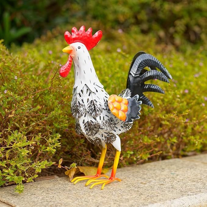 Metal Rooster Garden Statue, 12'' Funny Chicken Outdoor Statue Yard Art Decor, Waterproof Lawn Ornaments for Garden, Lawn, Farmhouse (White)