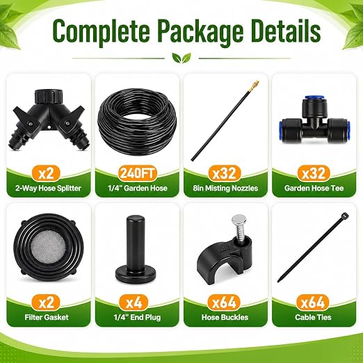 240Ft 1/4" Drip Irrigation System, 360° Adjustable Copper Nozzles, Save 80% Watering System for Garden, Upgraded DIY Kit for Outdoor Plants, Raised & Flower Beds, Landscape, Greenhouse, Yard