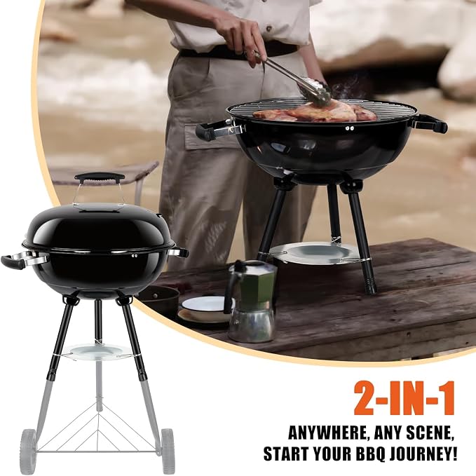 18 Inch Charcoal Grill, Leonyo Portable Barbecue Kettle Grill, Round Smoker with Wheels and Porcelain-Enameled Lid for Outdoor Cooking, Camping, Backyard and Beach, Black