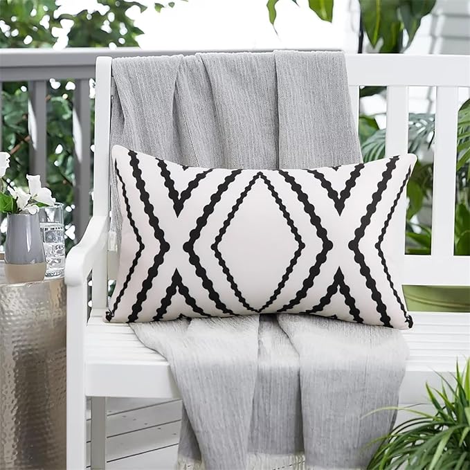 Adabana Outdoor Lumbar Waterproof Pillow Covers Set of 2 Boho Geometric Throw Pillows Cover for Patio Garden 12 x 20 Inch White