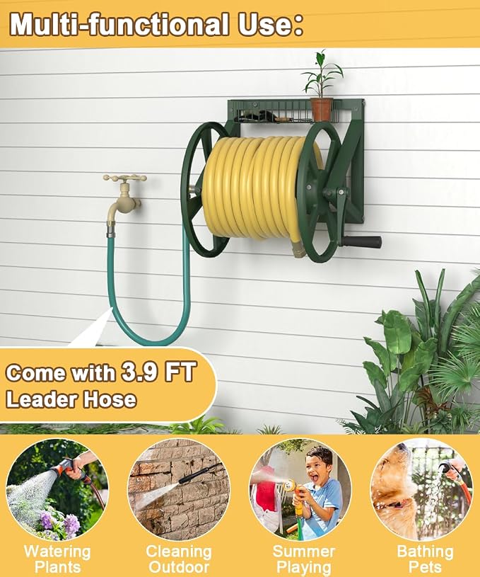 Artigarden Triangle Wall Mounted Garden Hose Reel, Outdoor Heavy-Duty Water Hoses Holder Winder, Holds 125 Ft of 5/8-Inch Hose, with 3.9 ft Leader Hose, Brass Fitting, Storage Basket for Yard, Green