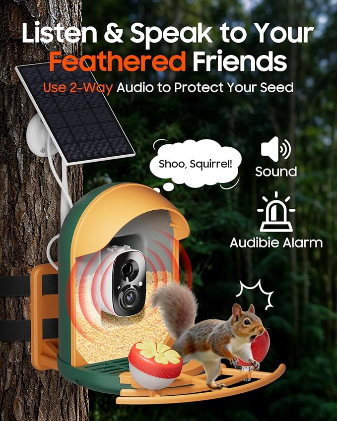 Bird Feeder with Camera, Smart Birdfeeder with Cam Solar Powered, 2K HD Video, AI Identification, Instant Arrival Alerts, IP66 Bird Bath & Feeder,Gift for BirdLover (with Stand, Dark Green)