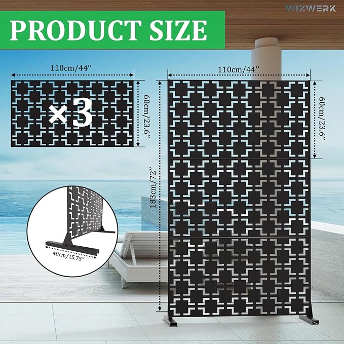 6FT Outdoor Metal Privacy Screen โ Decorative Privacy Fence and Room/Garden Divider, Weather-Resistant Freestanding Panel with Stand, Durable Steel for Patio, Garden, Balcony, or Backyard