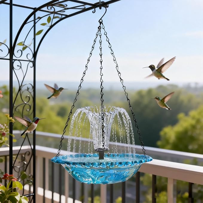 4 Pack Hanging Bird Baths Bowl Outdoor Bird Feeder 15.7 Inch Metal Chains, Weather-Resistant Hanging Bird Feeder & Bath Tray for Garden, Patio, Backyard Wildlife Decor (Solar Style)