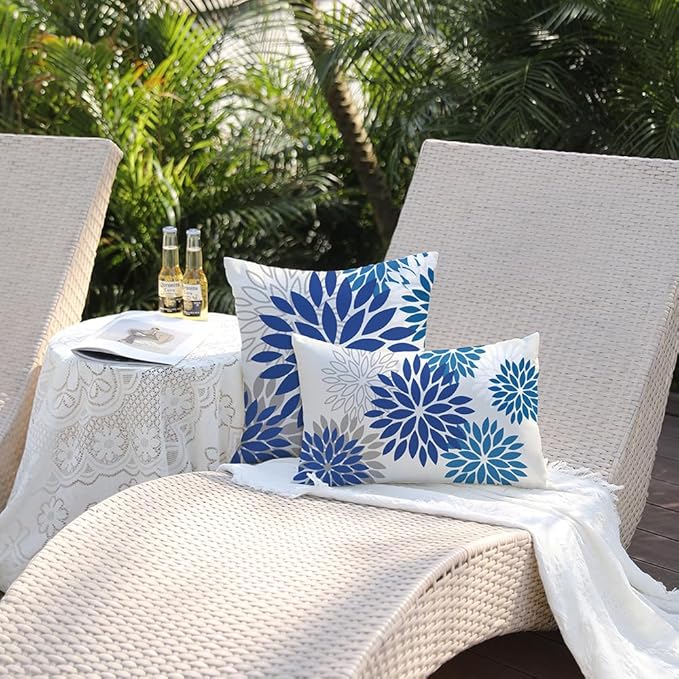 DFXSZ Blue Flower Pillow Covers 12x20 Inch Set of 2 Dark and Light Blue Colored Pillow Outdoor Waterproof Decor for Patio Funiture Garden Summer Floral Square Polyester pillowcovers 002E12