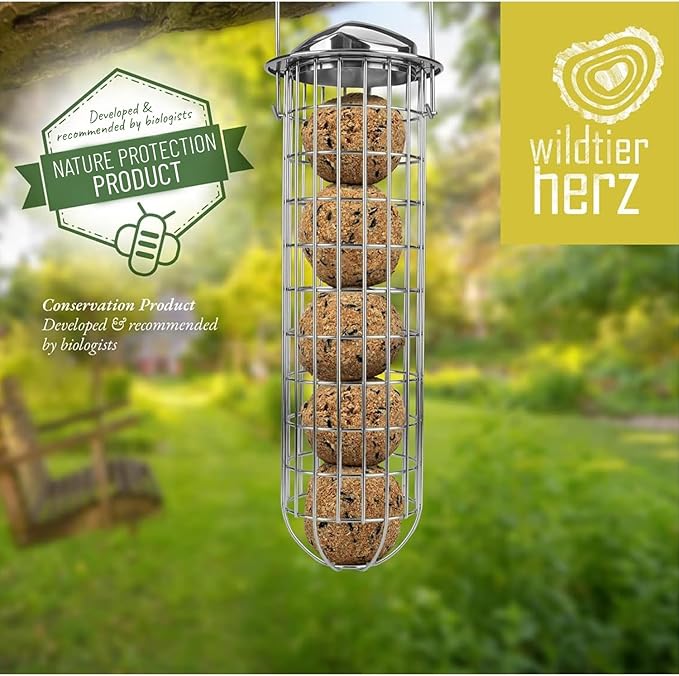 Wildtier Herz | Fat Ball Holder 12" - 5 Year Guarantee - Made of Rustproof Metal Bird Feeding Station for Fat Balls - Ecological Bird Feeder (31cm, Stainless Steel)