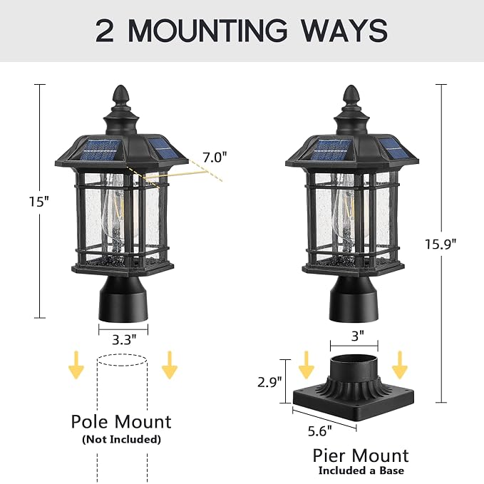 Emliviar 16 Inch Outdoor Solar Post Light, Dusk to Dawn Pier Mount Lamp Post Light with Remote Control, Black Finish with Seeded Glass Shade, A2202110P1-SL BK
