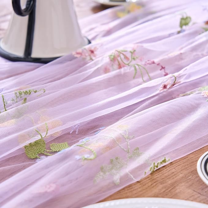 vctops 2 Packs Embroidery Lace Spring Table Runner 10ft Floral Garden Seasonal Tulle Table Runner Holiday Kitchen Dining Table Decoration for Wedding Party Baby Shower Birthday (Purple,30"x120")