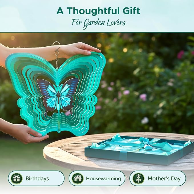 ISEO Butterfly Wind Spinner for Yard and Garden, Hanging Outdoor Decor, Yard Art, Porch and Patio Decorations, Metal Wind Spinners Outdoor, Weather Resistant, 12”