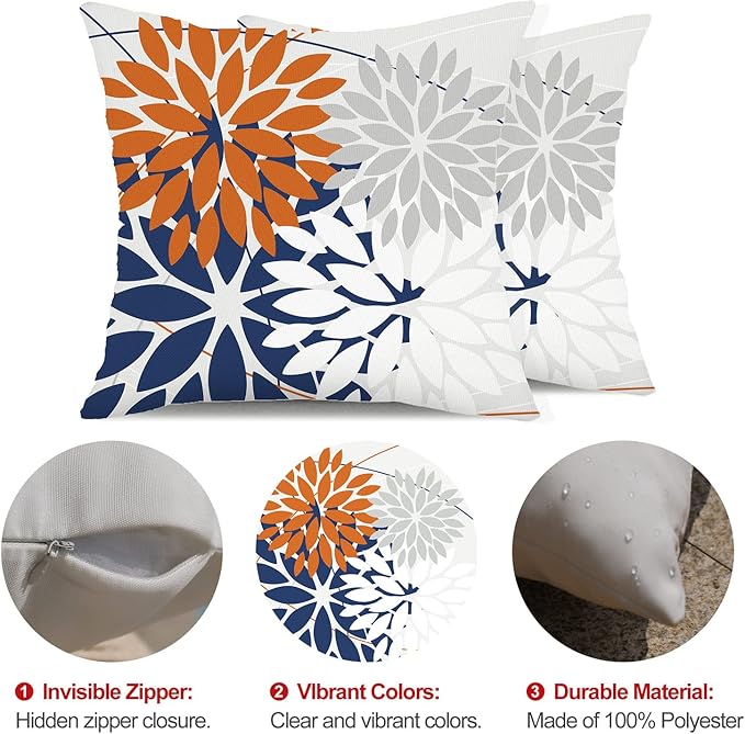 DFXSZ Outdoor Throw Pillow Covers 16x16 Inch Set of 2 Waterproof Spring Summer Geometric Elegant Orange Blue Outdoor Pillow Covers for Patio Funiture Garden Couch 158V16