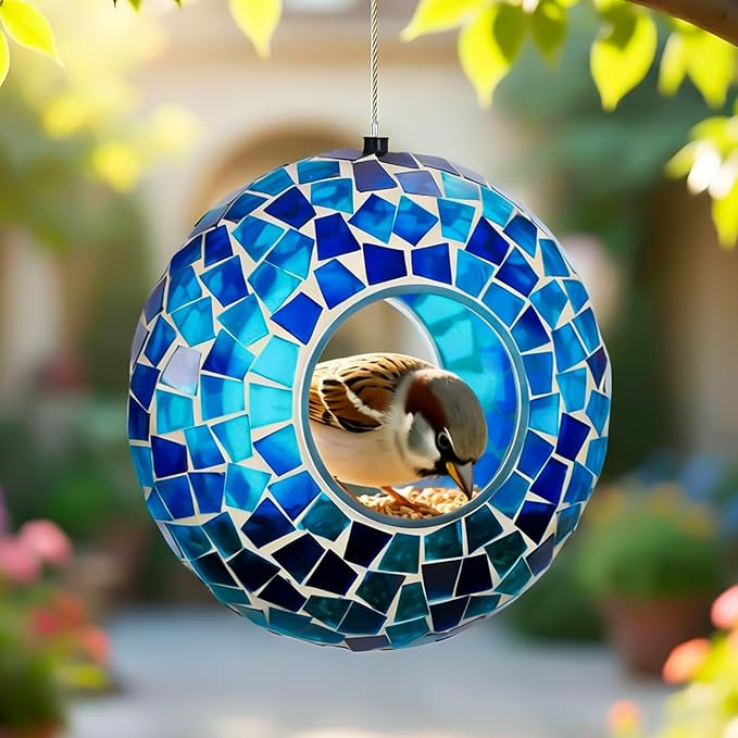 6 Inch Mosaic Glass Hanging Bird Feeder for Outdoors,Fly Through Bird Feeders for Wild Birds, Cute Seed Container with Round Shape for Backyard Window Garden Porch Decor, Ocean Blue Mosaic