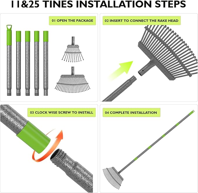 GARDENWORK Leaf Rake for Leaves,36-73" Long Garden Rake,25 &11 Tines Heavy Duty Leaf Rake for Lawns,Adjustable Stainless Steel Handle,Yards, Grass, Garbage, Weeds, Debris