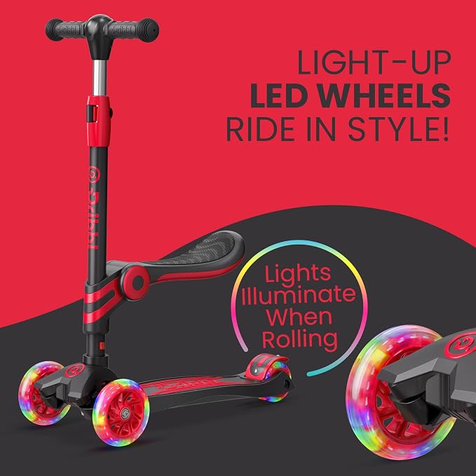 Black and Red 3 Wheel Scooter with Seat for Kids, Light-Up Wheels, Adjustable Lean to Steer Handlebar and Seat, Smooth Wheels, Wide No-Slip Deck, Rear Foot Brake, Toddler Outdoor Toys for Ages 2+
