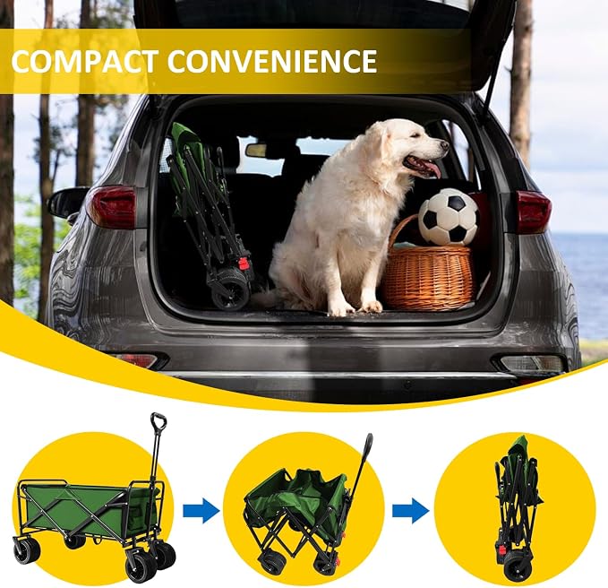 Foldable Wagon Cart, 300lbs Folding Utility Cart with All-Terrain Wheels, Collapsible Wagon for Gardening, Camping, Beach, Outdoor Use, Green