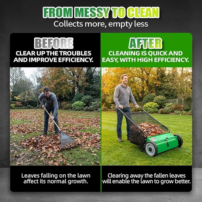PPOLB 26" Push Lawn Sweeper, 7 cu.ft Large Capacity Yard Sweeper Push, 5:1 High-Density 4 Brushes, Adjustable Height, Heavy Duty Leaf Collector with Detachable Hopper, Rubber Wheels, Ergonomic Handle