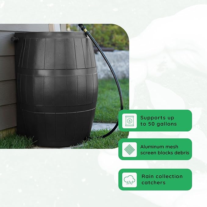 FCMP Outdoor Rain Barrel, Flat-Back Rainwater Catcher with Spigots, 50 Gallon, Black - Portable Water Storage Container Tank for Home, Garden, and Backyard