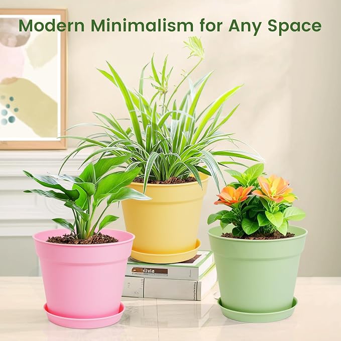 SwinDuck 10 Pack 6 Inch Plant Pots with Drainage and Saucers, Plastic Flower Pots for Indoor and Outdoor Plants, Stackable Nursery Planters for Houseplants and Herbs, Colorful
