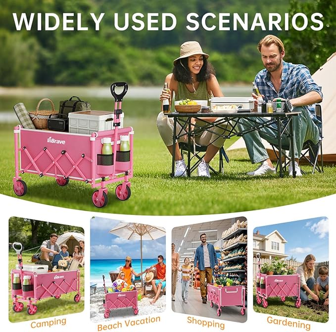 Collapsible Wagon Cart, 380LBS Heavy Duty Utility Wagons with All-Terrain Wheels, Foldable Grocery Carts for Gardening, Shopping, Beach, Camping,Pink