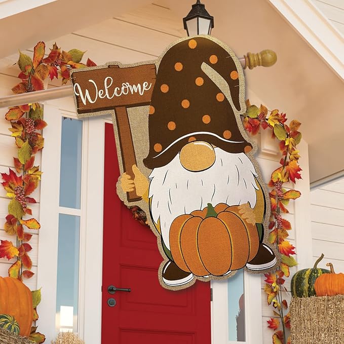 Fall Gnome Burlap House Flag Autumn Welcome Pumpkin 28" x 40" Briarwood Lane