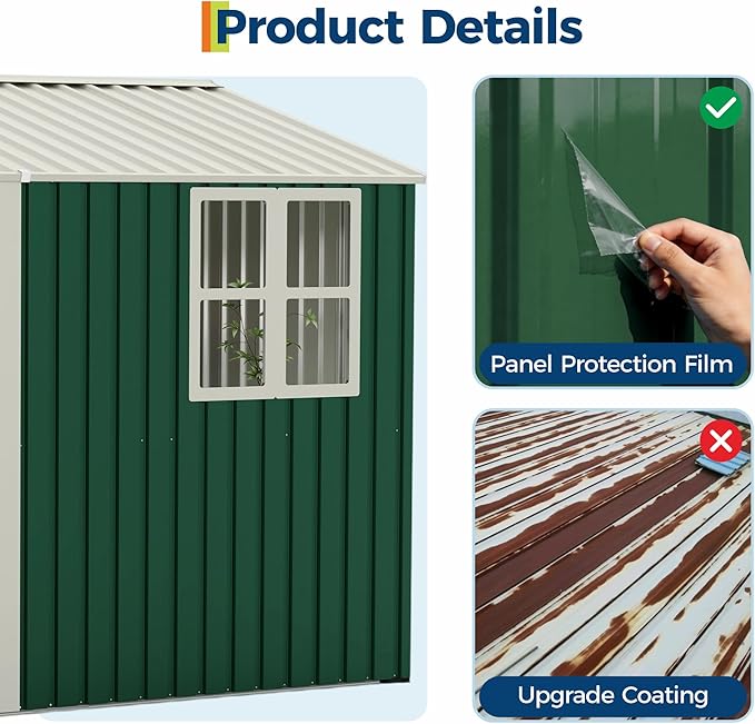 Garvee 10X8 FT Storage Shed with Cross Windows & Double Doors, 450 Cu Ft Large Outdoor Tool Shed, Garden Shed for Riding Mower, Bike, Lawn Equipment - All Weather Meta