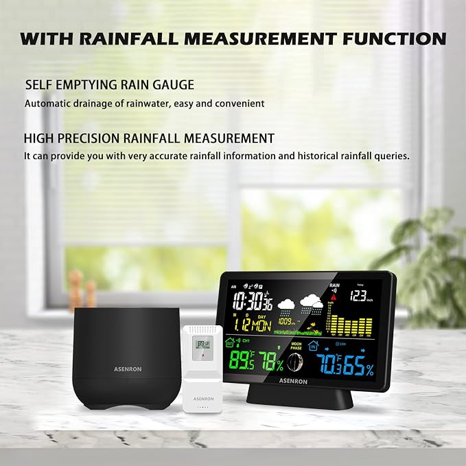 Weather Station with Rain Gauge, Home Weather Stations Wireless Indoor Outdoor with Rain Gauge, Thermometer, Barometric Pressure, Humidity Monitor, Atomic Clock, Digital Weather Forecast and Alerts