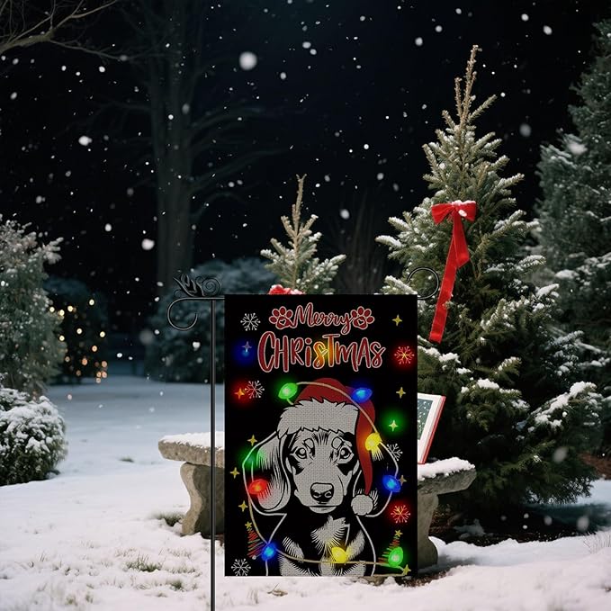 Christmas Dog Garden Flag - Led Dachshund Christmas Decor for Outside, Welcome Garden Flags Double-Sided for Seasonal Winter Farmhouse Yard Lawn Decoration Gifts 12x18 inches