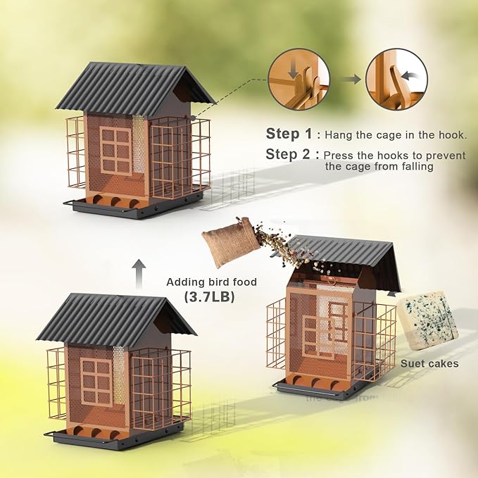 FlowaFoli Bird Feeders for Outdoors Hanging, Metal Bird Feeder with Double Suet Cage Cake, Large Capacity, Birdfeeders Sturdy & Weatherproof, Easy to Clean & Refill, Great for Attracting Wild Birds