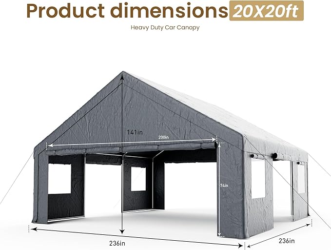 COSIEST 20'×20' Storage Shelter Outdoor Gable Roof Carport with Removable Side Walls, Heavy-Duty Garage Canopy Weatherproof PE Cover, Multi-Purpose Vehicle, Tractor Shed for Backyard, Driveway (Gray)