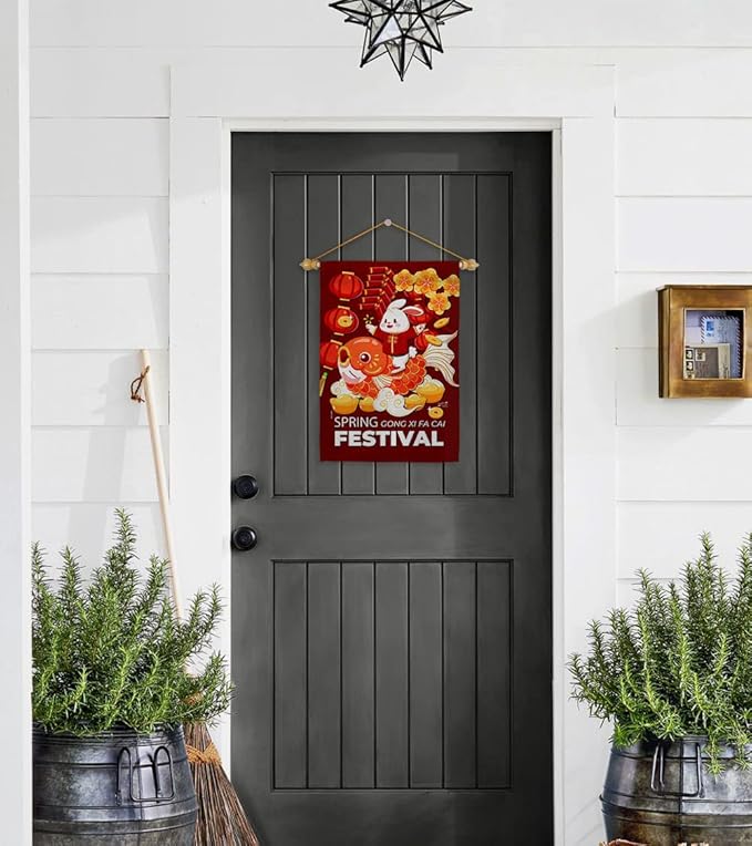 Chinese New Year Rabbit Wall Tapestry Home Decor Banner Patio Porch Lawn Garden Flag Pole Room Decorations Indoor Small Outdoor Yard Sign Lunar New Year Gifts Spring Festival Decorations Made In USA