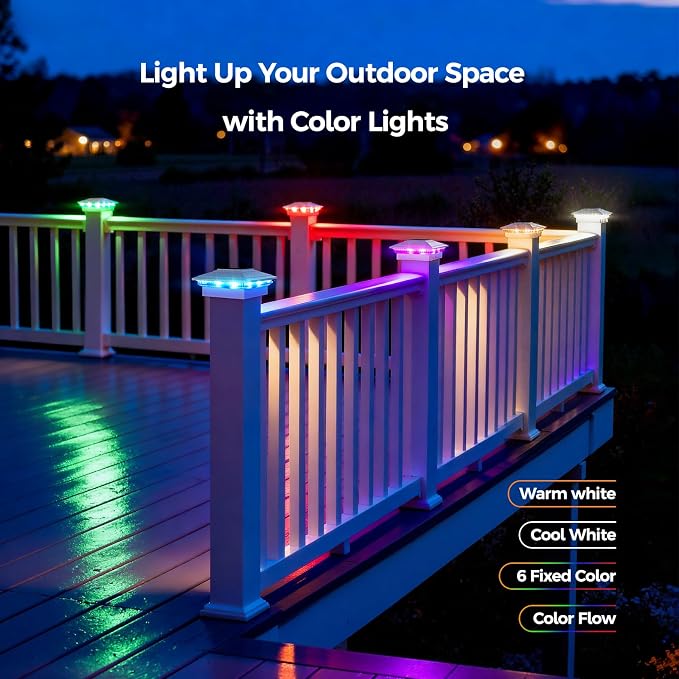 6Pack Solar Post Cap Lights - 8 RGB Color Changing Modes & Multicolor Flow, IP65 Waterproof - for 4x4/6x6 Wood & 4x4/5x5 Vinyl Fence Posts - Outdoor Deck, Patio, Garden Lights (White)