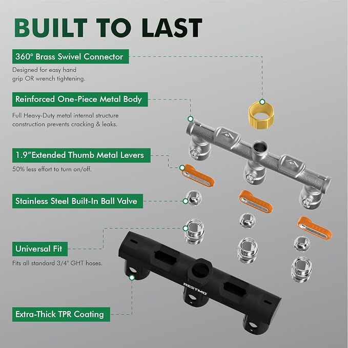 Restmo 3 Way Garden Hose Splitter Heavy Duty 100% Metal Body, Full Flow Design with Oversized Ball Valve, Outdoor Faucet Spigot Adapter with Extended Levers, 3/4" GHT Thread - Orange
