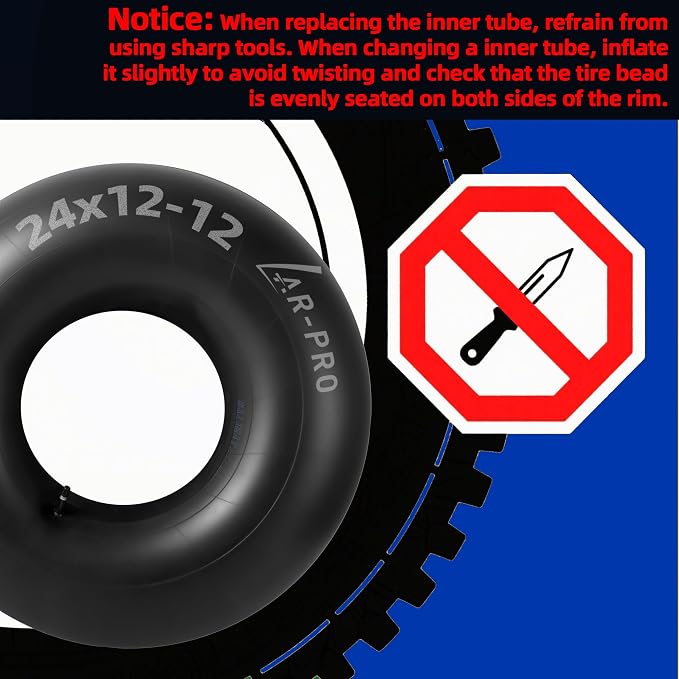 AR-PRO Relacement 24x12-12 Heavy-Duty Inner Tubes for ATV, Lawn Tractor, Mowers, Golf Cart, Snow Blowers, and More - With TR13 Straight Valve Stems - Made from Durable Butyl Rubber (2-Pack)