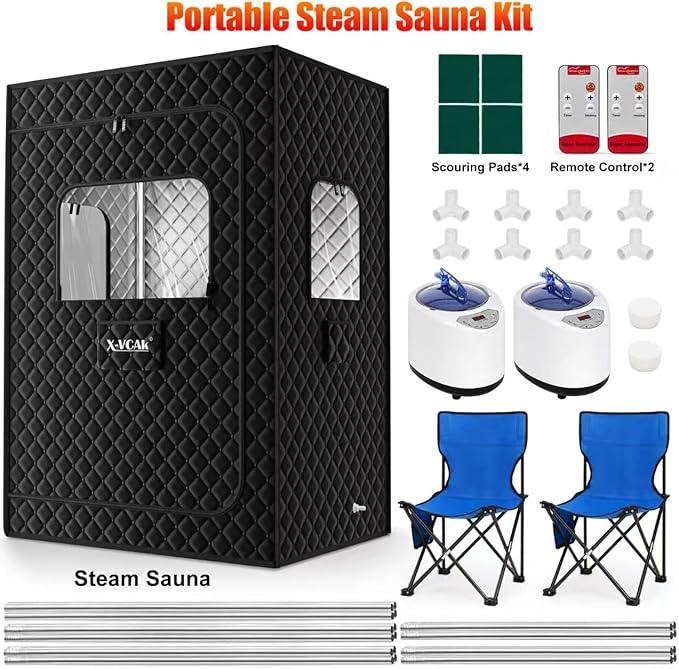 X-Vcak 2 Person Sauna, Extra Large Sauna, Portable Steam Sauna Tent with 2 Steamers, 2 Folding Chair, 71”x 49”x 36”, Black