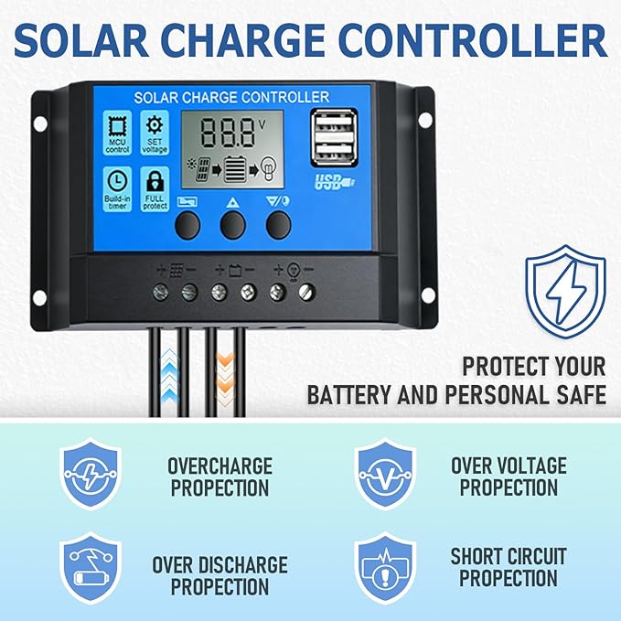 20W 12V/24V Solar Panel Kit, Monocrystalline Solar Battery Trickle Charger Maintainer +10A PWM Charge Controller + Adjustable Mount Bracket for Car, RV, Boat, Motorcycle, Off-Grid System