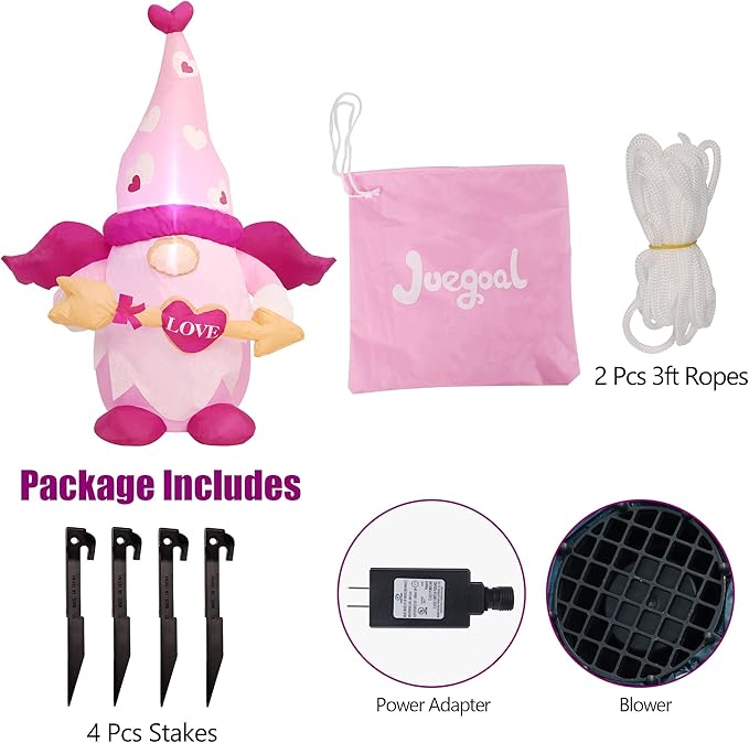 Juegoal Valentine Inflatable Cupid Gnome, Lighted Blow Up Pink Swedish Gnomes with Arrow, Indoor Outdoor Valentines Wedding Xmas Decor, Built in LED Light Up Holiday Lawn Yard Garden Decorations