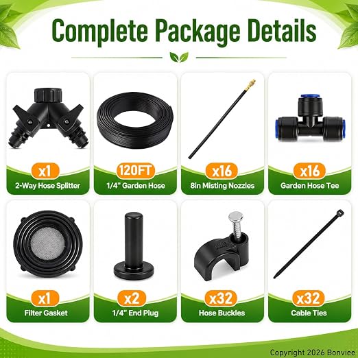 120Ft 1/4" Drip Irrigation System, 360° Adjustable Brass Nozzles, Save 80% Watering Garden Kit, DIY Tool-Free Quick Connect Sprinklers for Outdoor Plants, Landscape, Raised & Flower Beds, Greenhouse