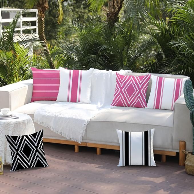 DFXSZ Outdoor Pillow Covers 20x20 Inch Set of 4 Hot Pink Waterproof Modern Geometry Throw Pillows Outdoor Summer Waterproof Decor for Patio Funiture Garden Polyester Cushion Covers 013L20
