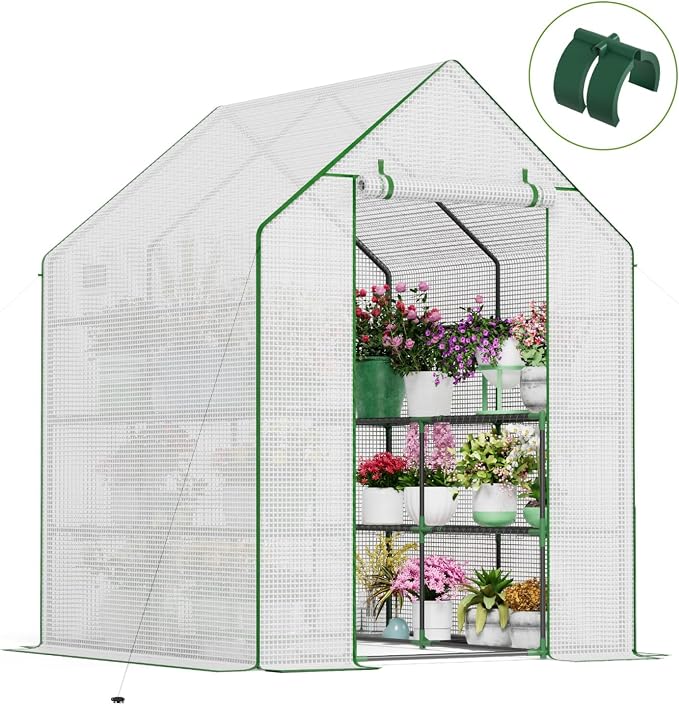 Greenhouse for Outdoors, Portable Green House, Walk in Greenhouses with Durable PE Cover, 57 x 57 x 76 inch Greenhouse with Shelves Stands,White