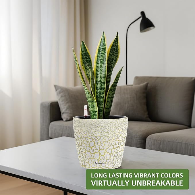 Dexceder 9x8 Self Watering Planter (White Gold Crackle) | Inner Pot Design, Thickened Table Flower Plant Pot with Water Level Indicator Indoor Outdoor