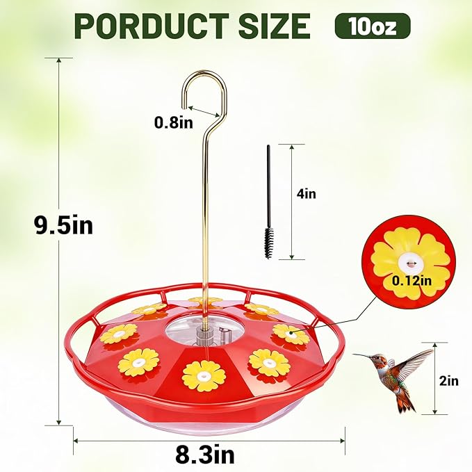 BOLITE Hummingbird Feeders for Outdoors Hanging, 11 OZ 8 Bee Proof Feeding Ports Flat Bird Feeder, Easy to Clean & Fill, Built-in Ant Moat, Leak Proof with Cleaning Brush, Red, Gift for Bird Lovers