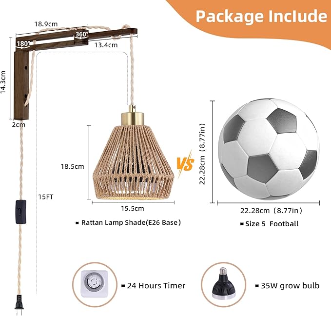 Hanging Grow Lights for Indoor Plants - 35W 4000K Full Spectrum Plant Light, Wall Mounted Grow Light with Wooden Bracket, Timer, 15FT Power Cord, Ideal for Plants, Flowers & Home Decor