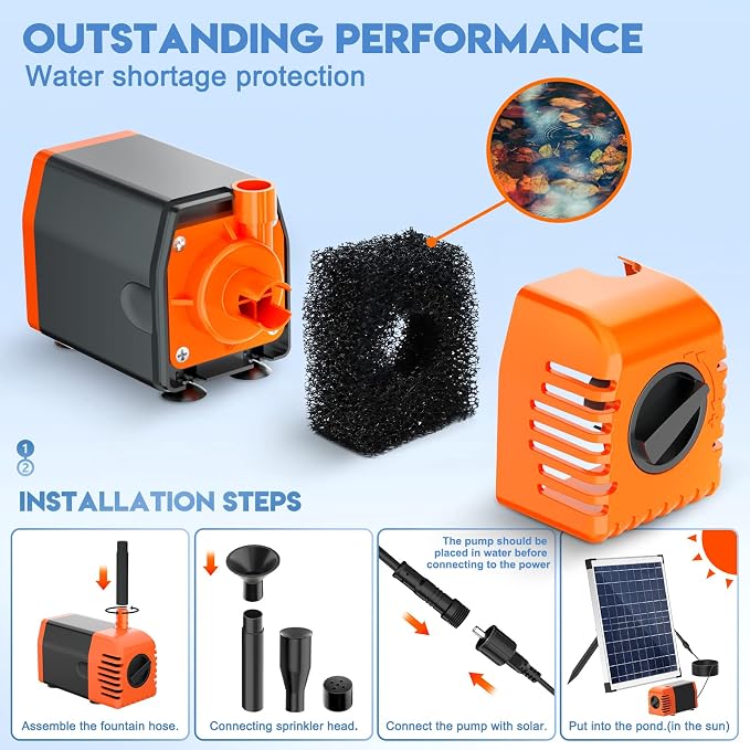 Antfraer Solar Pond Pump, 25W Solar Fountain Pump with 340GPH Flow Adjustable, Solar Water Pump with 6.6FT Tubing & 16.5FT Cord for Garden Ponds, Fish Tanks Waterfalls & DIY Fountain Water Features