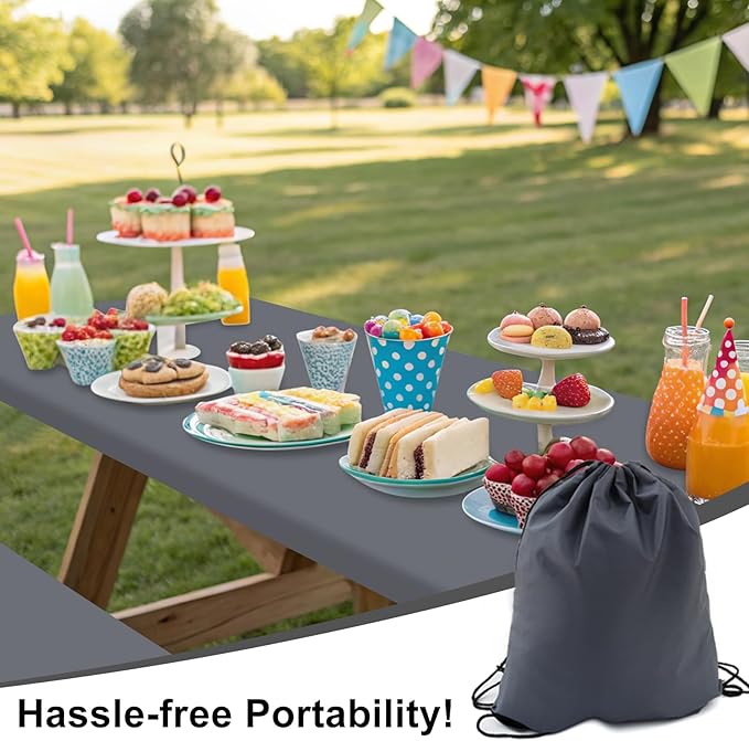 Smiry Picnic Table Cover with Bench Covers, Waterproof Elastic Fitted Polyester Tablecloths for 5 Ft Rectangle Tables, Washable Windproof Tablecloth for Camping, RV & Outdoor (Grey, 30x60 Inches)