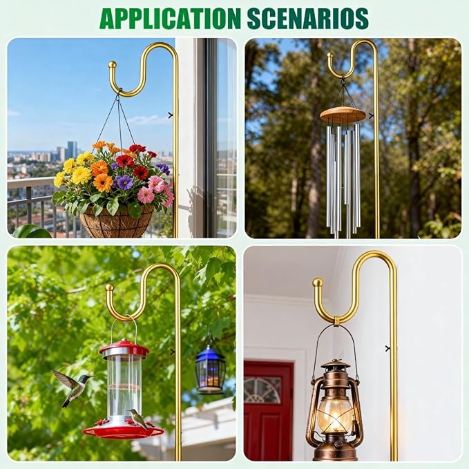 76" Outdoor Plant Stand & Wind Chime Hanger with Heavy Duty Base, Shepherds Hook for Bird Feeder, Adjustable Height for Patio, Garden & Indoor Use